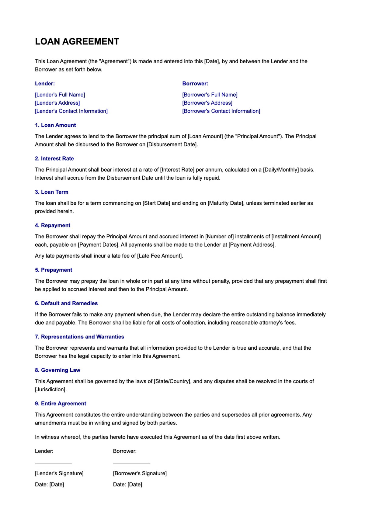 Loan agreement template with fillable fields for lender borrower details payment terms and bank_variant_2